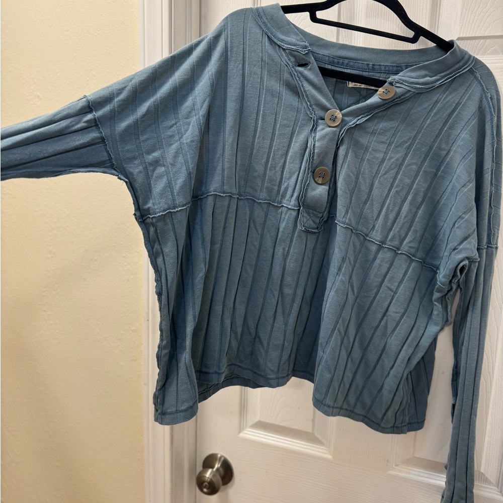Blue Button-Up Ribbed Top